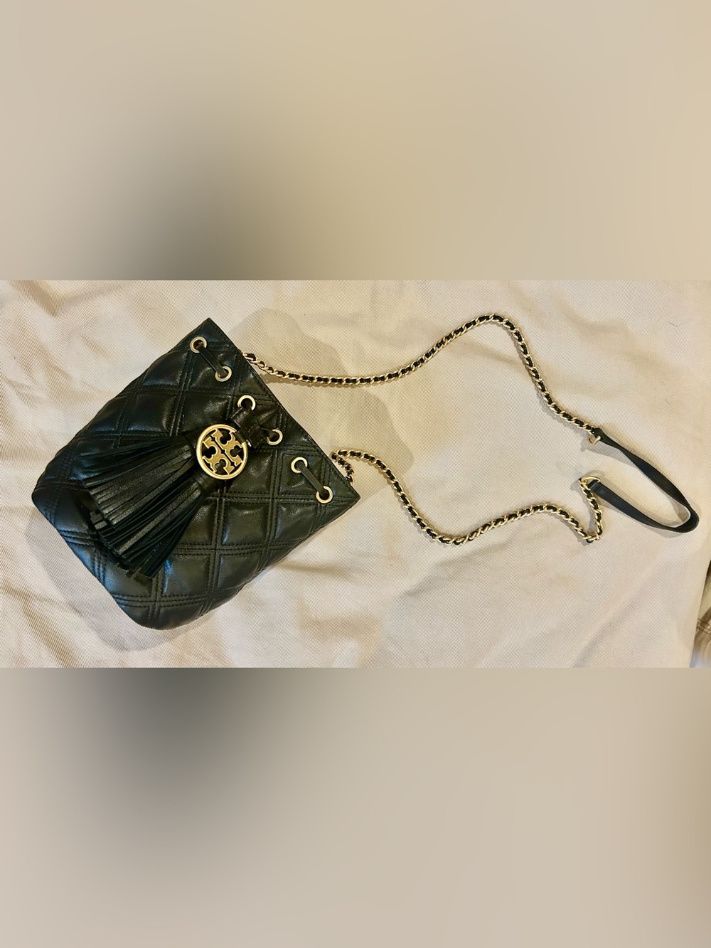 Tory Burch Flemming Mini Black Quilted Leather Bucket Bag with Tassels - Picture 14 of 14